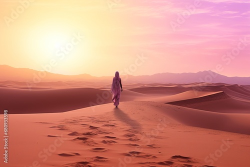 A Solitary Journey: A Woman Walking Across the Desert at Sunset