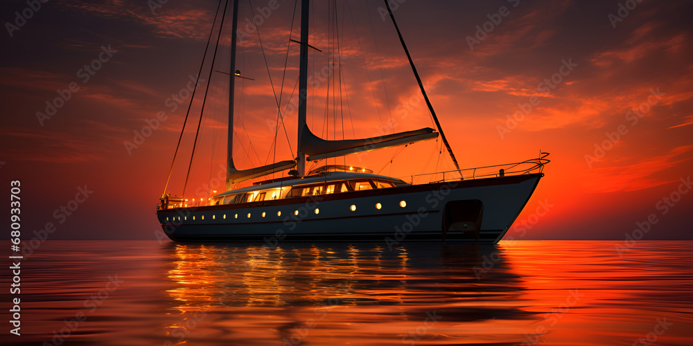 A Majestic Sailboat Journey Amidst the Captivating Colors of a Sunset Over the Orange Sea and Sky AI Generative 