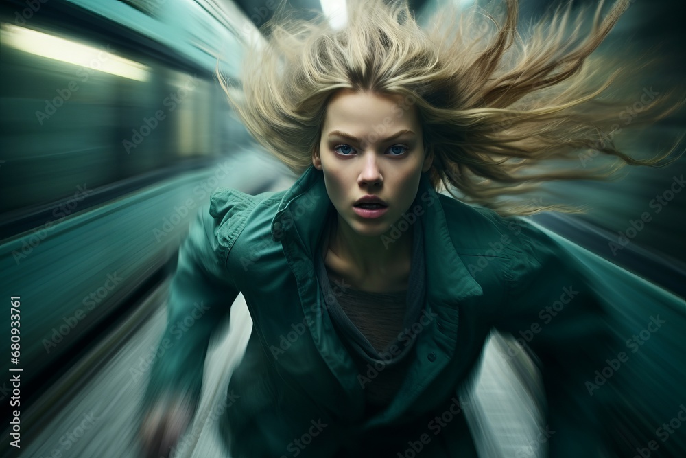 Running Through the Windy Tunnel: An Energetic Woman Embracing the Thrill of Speed and Freedom