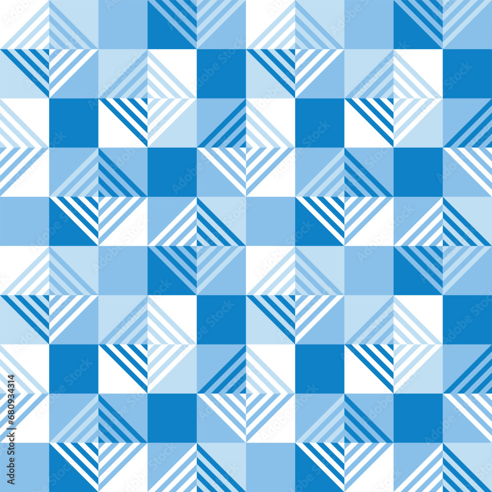 Geometric abstract seamless pattern in blue color. Tile mosaic background of squares and line triangles. Winter ornament for design