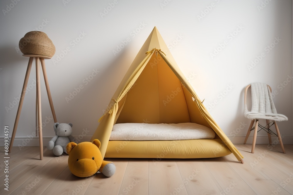 Kids minimalist white background with child tent, blanket pillow and toy on parquet flooring, child room nursery interior design - obrazy, fototapety, plakaty 