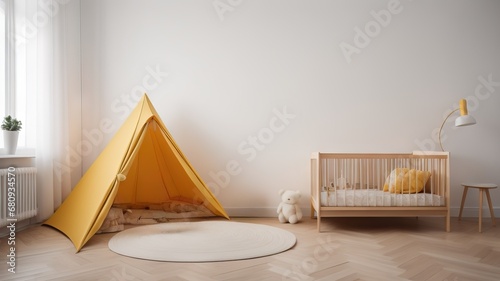 Kids minimalist white background with child tent, blanket pillow and toy on parquet flooring, child room nursery interior design photo