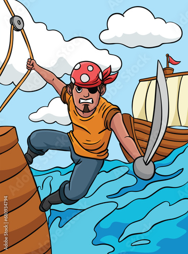 Pirate Holding A Sword Colored Cartoon photo