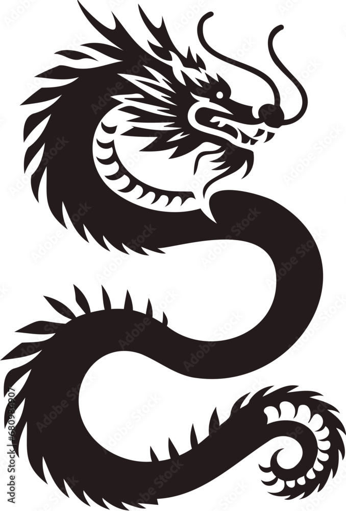 Chinese dragon vector isolated side view silhouette. Flying dragon. Calendar symbol of the new year. Dragon full snake body. Fantasy mythical oriental talisman. Black tattoo. Chinese dragon vector isolated side view silhouette. Flying dragon. Calendar symbol of the new year. Dragon full snake body. Fantasy mythical oriental talisman. Black tattoo.