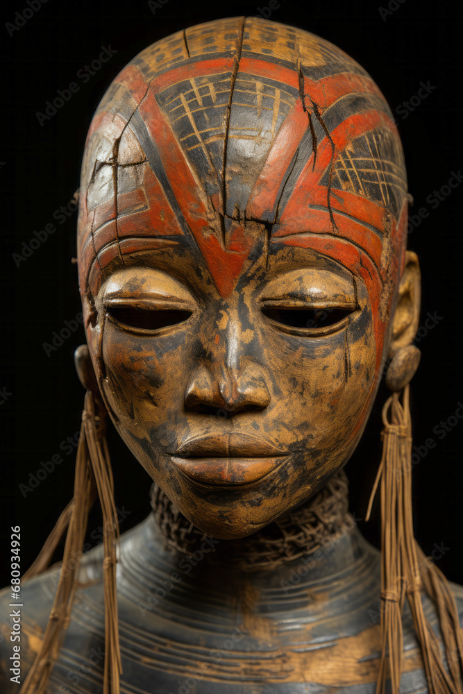 Primitive African Art: painted wooden deity head.