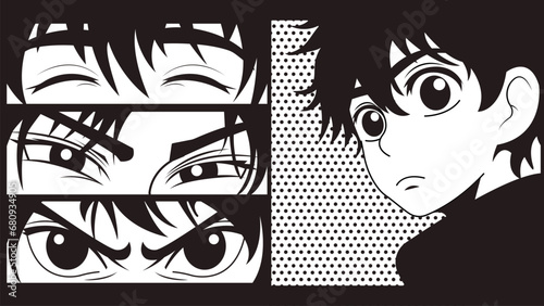 Close up eye look of manga style characters. Anime young boy eyes set. Asian culture cartoon style eyes. Black and white comic cartoon manga vector template for you designs.