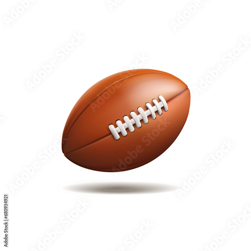 3D brown rugby ball on a white background. American football, soccer, sports competitions, tournaments, and the Super Bowl. Vector