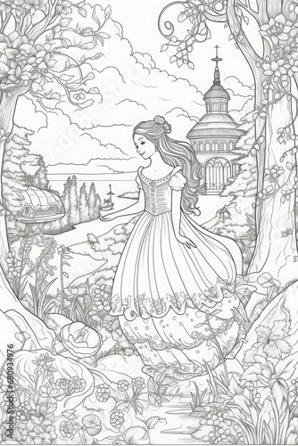 A simple fairytale coloring page, low detail, no shadding, line drawing, vintage styleA simple fairytale coloring page, low detail, no shadding, line drawing, vintage style photo