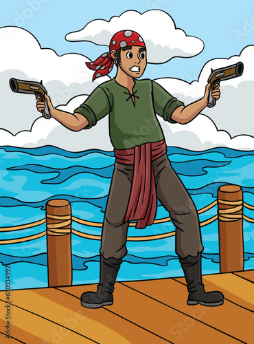 Pirate with a Gun Colored Cartoon Illustration photo