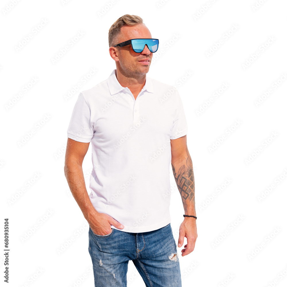 Isolated photo of man wearing blank white polo shirt, mockup for custom poloshirt design Isolated photo of man wearing blank white polo shirt, mockup for custom poloshirt design