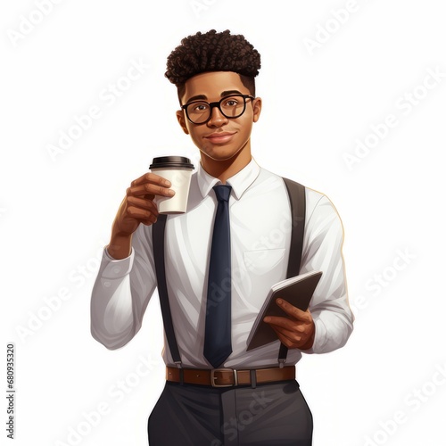 black young businessman has standing and planning for business goal with a cup of coffee on isolated on wihte background
