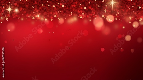 Christmas decoration border with fir branches and golden glitter confetti and sparkles of lights blur bokeh on red background. Bright Christmas and New Year design holiday frame. Vector illustration 