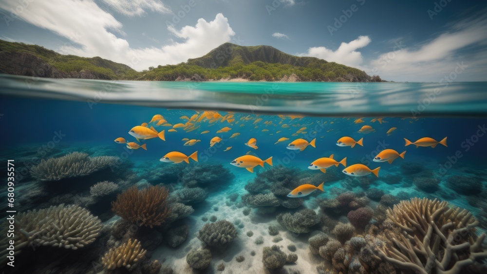 Tropical island in the ocean with coral reefs and fish