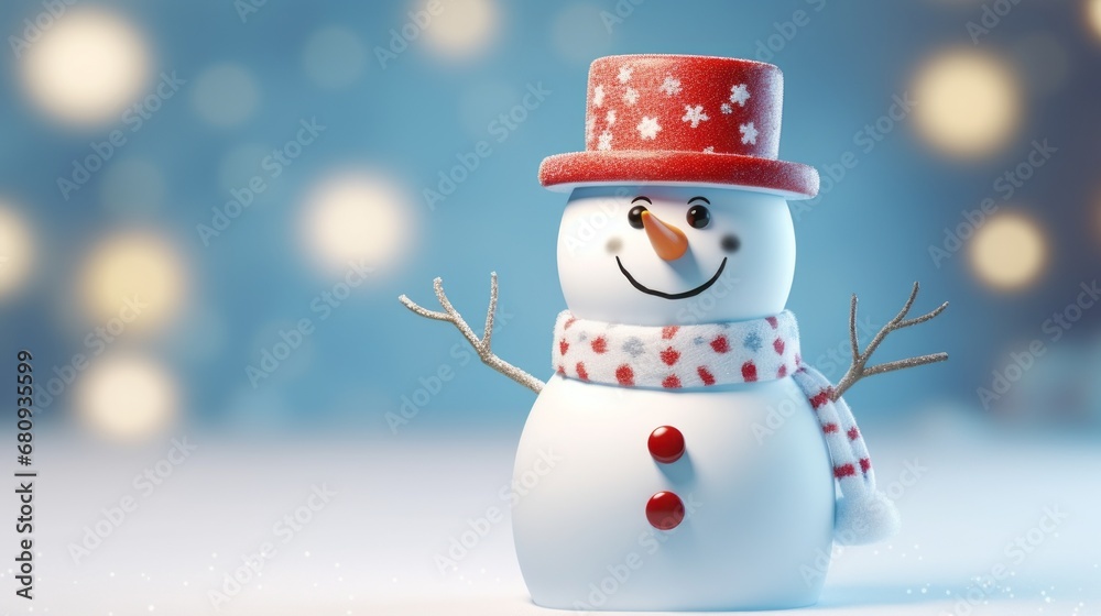 Christmas snowman with a golden bucket on his head. Realistic 3d cartoon style. Light blue white background in blurred bokeh lights. Vector illustration 