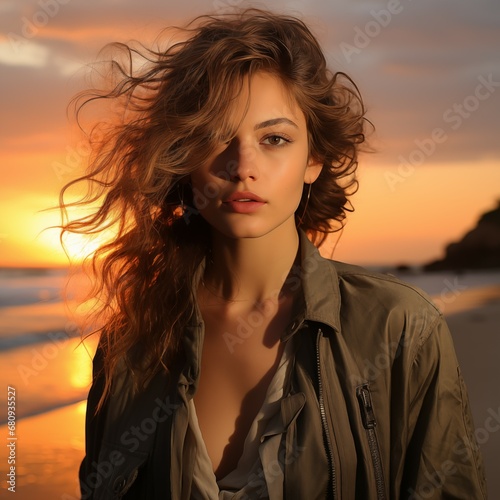 model at the beach, sunset