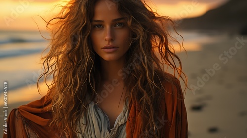 model at the beach, sunset
