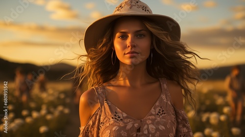 model in flower field