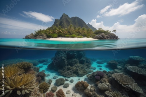 Tropical island in the ocean with coral reefs and fish