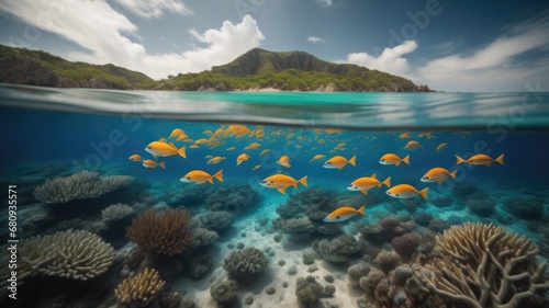 Tropical island in the ocean with coral reefs and fish © Marko