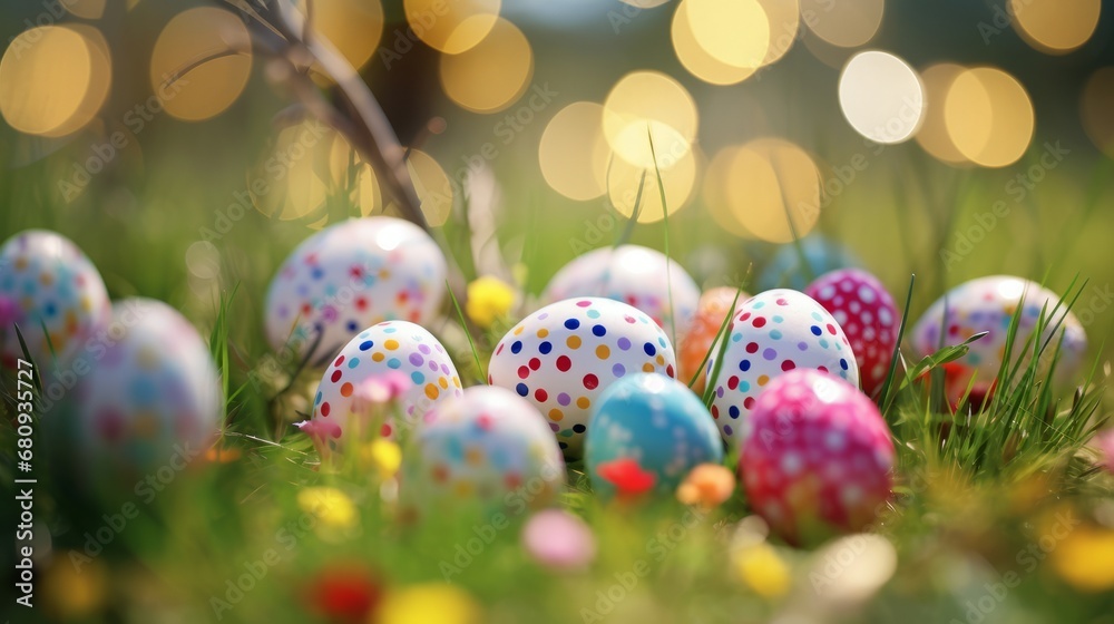 closeup, many beautiful painted easter eggs as grass blurred background. concept for good friday, easter monday, spring full moon. copy space on top for text or design. garden, nobody, selective focus