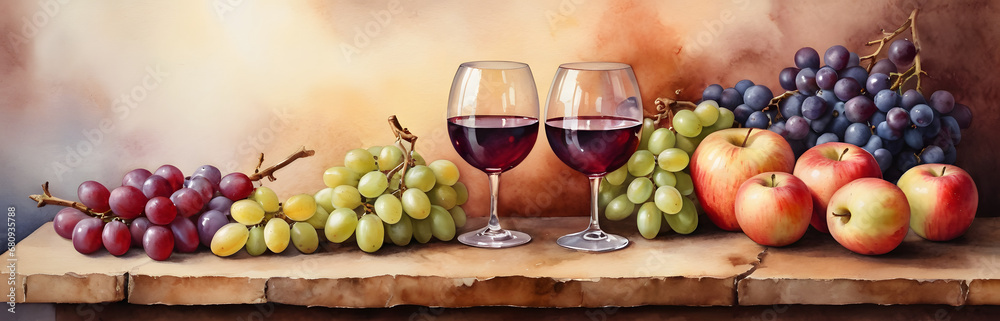 Still Life Composition with Fresh Grapes, Ripe Apples, and Red Wine in Elegant Glasses Against a Colorful Watercolor Backdrop Perfect for Culinary and Lifestyle Themes Still Life Composition with Fresh Grapes, Ripe Apples, and Red Wine in Elegant Glasses Against a Colorful Watercolor Backdrop Perfect for Culinary and Lifestyle Themes