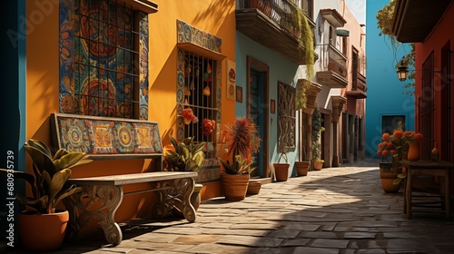 narrow street in mexico, colourful houses