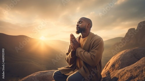A young black African man, spiritual and reflective, praying in a sunlit field, gazing upwards, captured with natural lighting and desaturated tones. photo