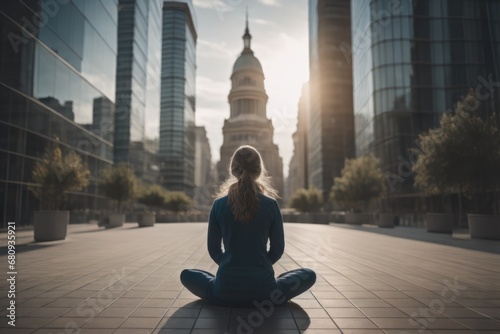 woman meditating at city center