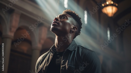 A young black African man, spiritual and reflective, praying in a sunlit field, gazing upwards, captured with natural lighting and desaturated tones. photo