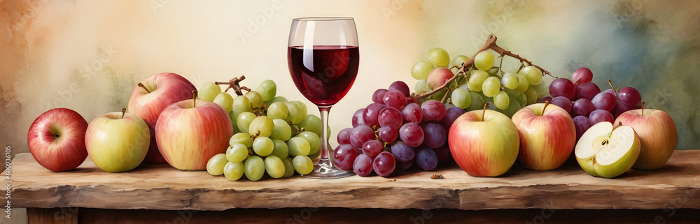 Still Life Composition with Fresh Grapes, Ripe Apples, and Red Wine in Elegant Glasses Against a Colorful Watercolor Backdrop Perfect for Culinary and Lifestyle Themes