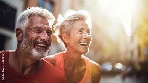 Radiant senior couple enjoying a leisurely walk together, their smiles reflecting a shared joy in life and companionship. Ai generated