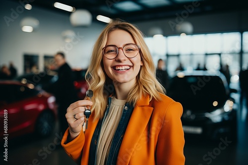 A young happy woman bought a new car for leasing. Keys in hand. Expensive car dealer business. Automotive industry. Girl buying car in showroom. Generative AI.