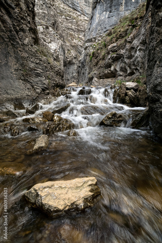 Calderones del Infierno canyon landscape in the north of Spain with silky water effect