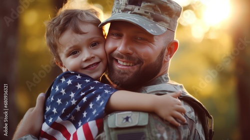 Military man father carrying happy little son with american flag on shoulders and enjoying amazing summer nature view on sunny day on July 4th, happy male soldier dad reunited with son after US army  photo
