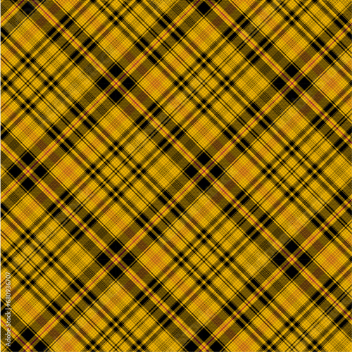Diagonal gingham plaid seamless pattern. Yellow and Black with herringbone background texture. Checkered tweed plaid repeating wallpaper