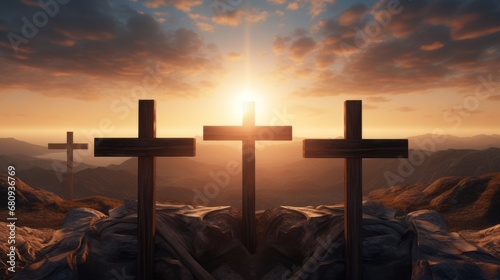 View Of Three Wooden Crosses And Sunrise From Open Tomb - Death And Resurrection Of Jesus Christ 