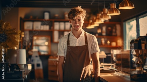 Young man barista at a coffee shop