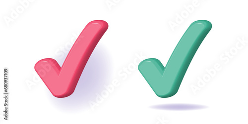 Check mark icon 3d tick red green vector render graphic set, modern right valid correct choice symbol element illustration, poll vote confirm checkbox, accept correct confirm approve image clipart