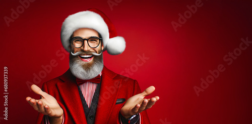 Smiling young hipster caucasian man Santa Claus showing with an open hands. Advertisement red banner background copy space. Advertising poster for discount sales promotions
