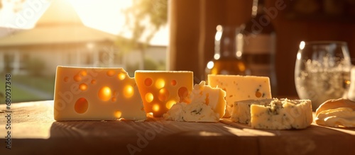 Cheese composition on a wooden table in the light of the sun photo