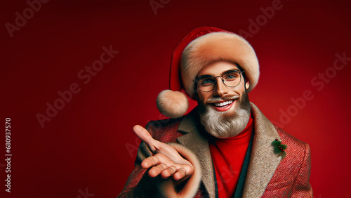 Smiling young hipster Santa Claus showing with an open hand. Advertisement red banner background copy space. Advertising poster for discount sales promotions