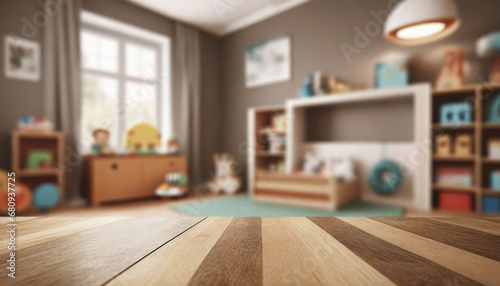  Empty wooden table top and blurred kids room interior on the background. Copy space for your object, product, toy presentation. Display, promotion, advertising photo