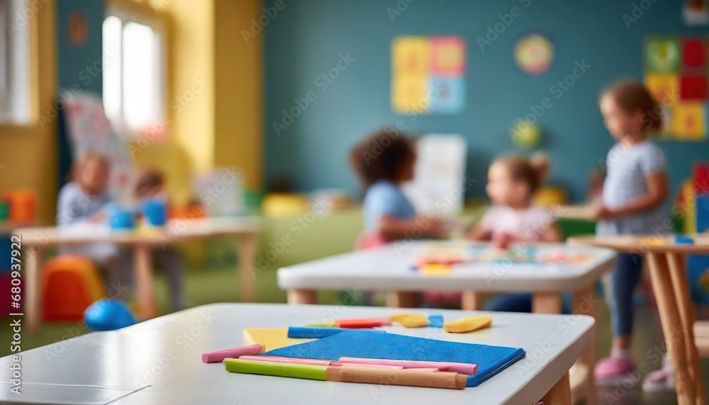 Playful Learning- An Empty Table in the Forefront of a Blurred Preschool Setting Playful Learning- An Empty Table in the Forefront of a Blurred Preschool Setting