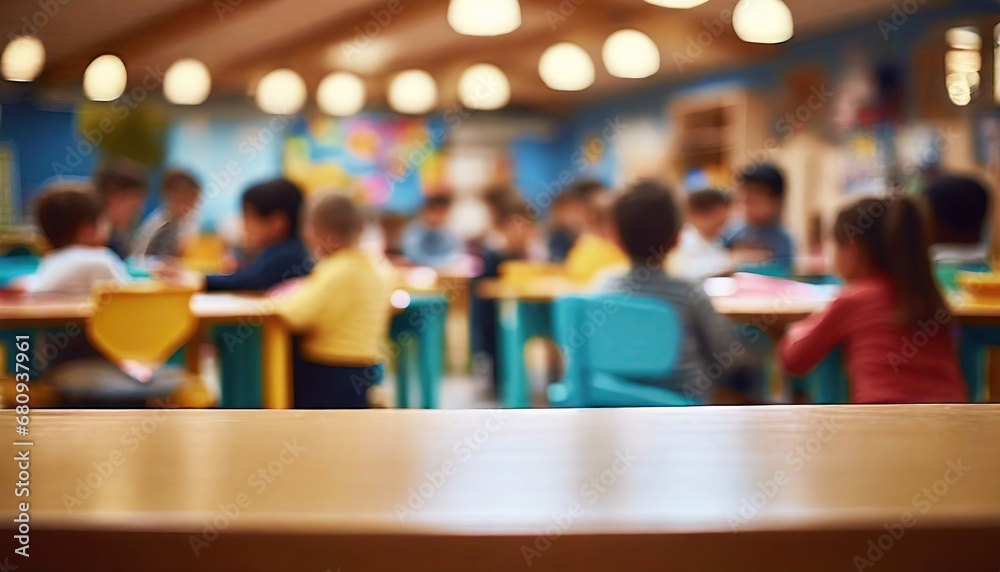 Playful Learning- An Empty Table in the Forefront of a Blurred Preschool Setting Playful Learning- An Empty Table in the Forefront of a Blurred Preschool Setting