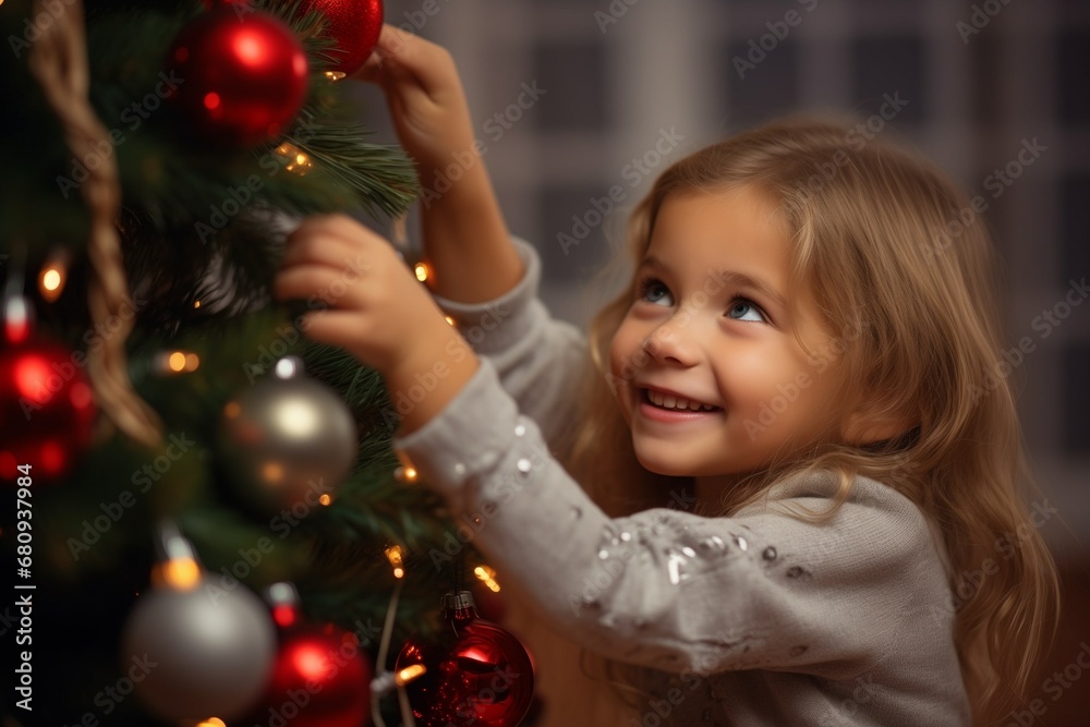 Happy child small girl decorating christmas tree, celebrating christmas with family. Generative AI
