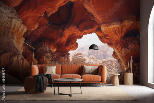 Interior room, rock wall and a couch with pillows on it, wallart photo