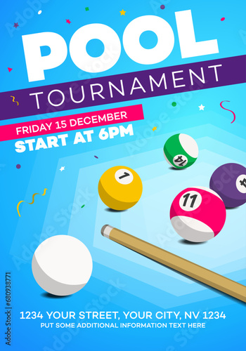 Pool billiards tournament invitation poster template. Modern design for your local club game competition.