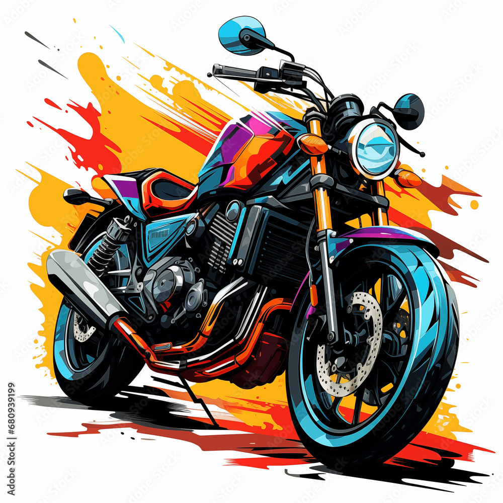Vector illustration of a sport motorbike in the style of graffiti. Motorcycle on a background of colored splashes. Vector illustration. Side view.