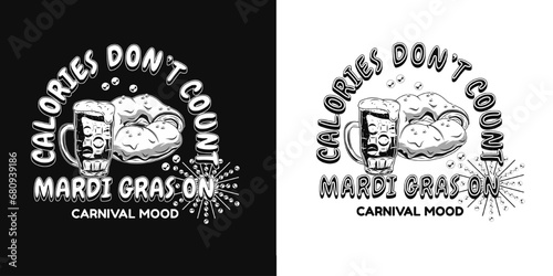 Carnival fun Mardi Gras label with full glass of beer, traditional king cake, text. For prints, clothing, t shirt, surface design. Vintage illustration with editable font style. Not AI