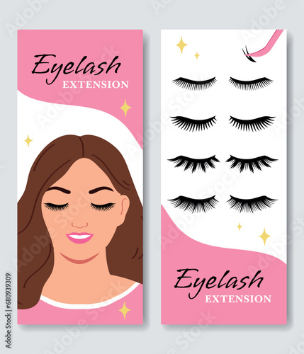 Two vertical banners for eyelash extensions. Eyelash extension service. Flat vector illustration for lashmaker.